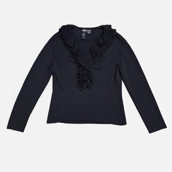 VTG Y2K Items by Michelle Nicole Black Ribbed Ruffle Collar Glam Goth Top L - Picture 6 of 8